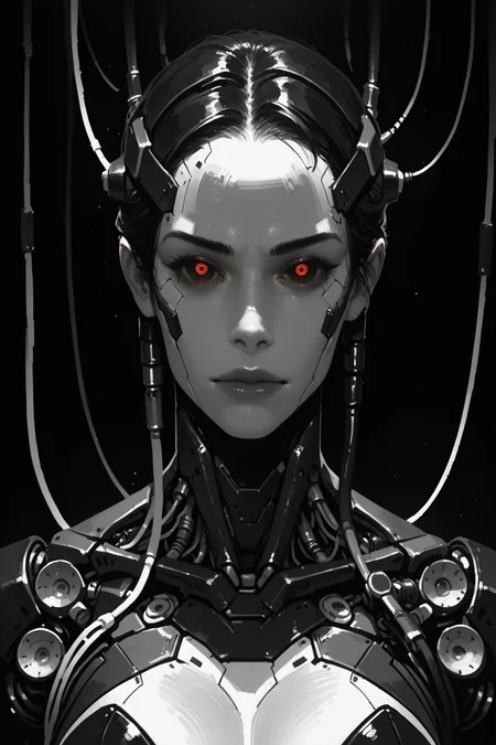 masterpiece, best quality, good quality, very aesthetic, absurdres, newest, 8K, depth of field, focused subject, ghost in the shell aesthetic, monochrome, black and white, line art, sketch style, technical drawing, closeup shot, 1girl, cyborg, gynoid, face focus, segmented face with panel lines, dark vacant eyes, intricate wiring and cables extending upwards from head and neck, exposed mechanical components above cranium, cyberpunk, high contrast black and white background, clinical atmosphere., <lora:Detailer_NoobAI_Incrs_v1:0.75>, masterwork, masterpiece, best quality, dynamic lighting , dynamic pose,,  dynamic angle, , ,  (lineless:1.2), detailed, depth of field, dynamic lighting, blurry, (cheekbones:0.85), (realistic:1.2)
adult, aged up,, ultra-HD, cinematic lighting, photorealistic, (impressionism:1.5), high detail  ,masterpiece, best quality, very aesthetic, 8k,