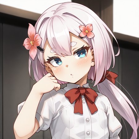 score_9, score_8_up, score_7_up, score_6_up, score_5_up, score_4_up, source_anime, anime screencap, masterpiece, insanely detailed, detailed background, zPDXL3, break, tnsrk612style, Vinum(SP),1girl,solo,blue eyes,thick eyebrows,long hair,low ponytail,white hair,pink hair,hairclip,hair flower,bow,red ribbon,white shirt,short sleeves,flat chested