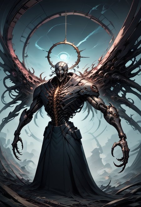 score_9, score_8_up, score_7_up, score_6_up, score_5_up, cyborg, cyberpunk, biomechanical, fleshmutant, cybermutant, science fiction, mechanical parts, A towering celestial entity of biomechanical design, both divine and nightmarish in form. Countless metallic wings, layered like blades of a great machine, extend from its back in a shifting halo of luminous, golden-steel feathers, each one inscribed with ever-changing scripture. A writhing mass of interlocking rings and shifting, eye-covered plates forms its core, spinning in synchronized, unsettling perfection. Every eye glows with an otherworldly radiance, unblinking and omniscient, their gaze piercing through the soul. Tubes and sinewy cables weave through its body, pulsing with strange, ethereal fluids, sustaining its impossible existence between flesh and divine machinery. Its voice is a chorus of overlapping frequencies, both holy and inhuman, resonating with commands that shake reality itself. Beneath its many wings, glimpses of elongated limbs—part organic, part metallic—move with eerie precision, each finger tipped with delicate, needle-like extensions. The presence of the entity is overwhelming, evoking awe and terror, as if reality itself strains to comprehend its form. The backdrop is a sky torn apart by radiant fractal light, where the fabric of existence bends in reverence to its impossible holiness.