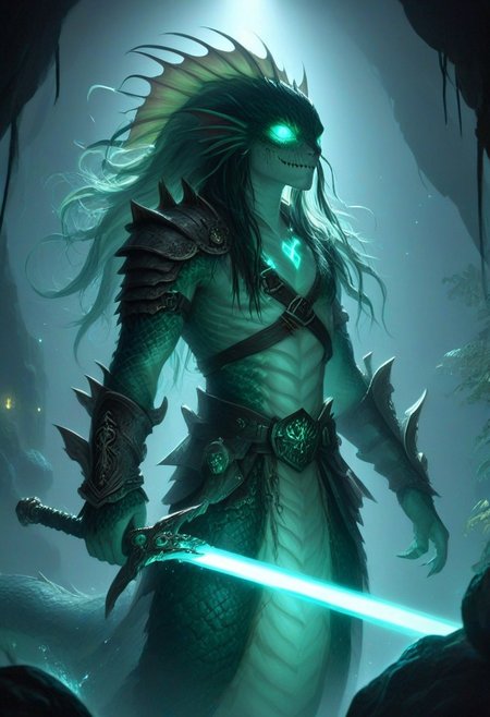 Naga, hkpirate, holding a Glowing Rune Sword, glowing rune armor,