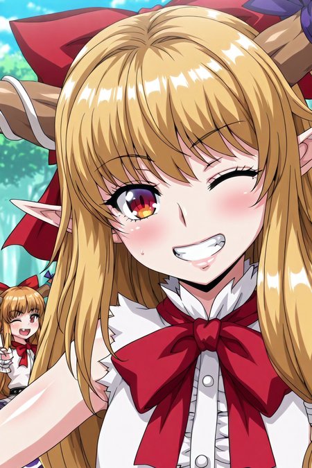 shiny skin, posing,
<lora:elfmori.il:1>,
elfmori,
ibuki suika, 
safe, general, 
one eye closed, peace,