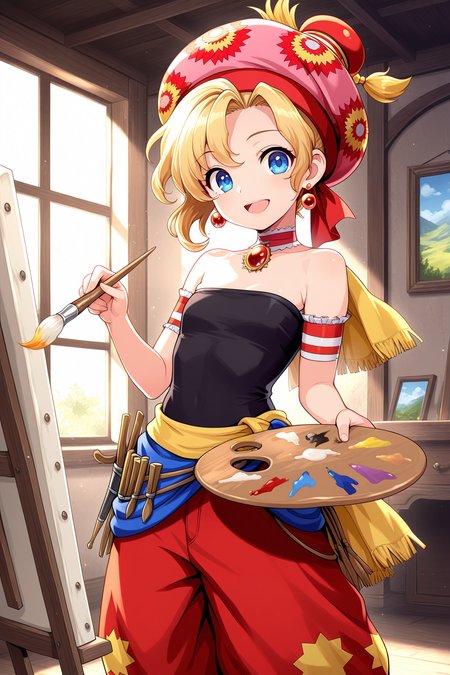 1girl, RelmArrownyFinalFantasy, 
general, solo, upper body,
short hair, blonde hair, blue eyes,
hat, earrings,
choker, jewelry, scarf, 
strapless,
armband, paintbrush, palette \(object\),
baggy pants,
looking at viewer, \:D, painting \(action\),
fantasy, indoors, canvas \(object\),
<lora:kp_RelmArrownyFinalFantasyIllustrious_v1_0:1.0>,
masterpiece, best quality, amazing quality