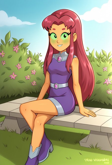 ((Nocunoct)), (starfire from dc, coloured sclera), In a lush, verdant garden, a young woman sits on a stone bench, her legs crossed, surrounded by vibrant flowers and the gentle rustling of leaves. Her dress, a delicate fabric, flows gracefully, revealing only a hint of her form
