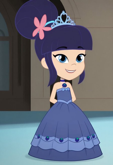 Blueberry_Muffin, 1girl, solo, dark blue hair, very big bun, flat bangs, light skin, blue-grey eyes, light blue hair tie, light pink flower, dark blue choker, long large dark blue floor length gown, ball gown, rhimestones. She is also wearing a tiara, hoop skirt, dome shape skirt, quinceanera, prom, pageant, full body, smile
