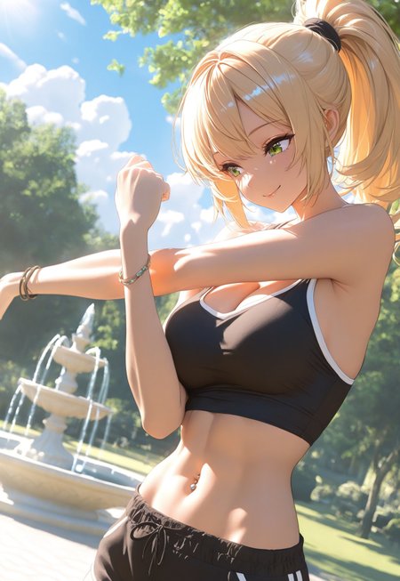 masterpiece, best quality, very aesthetic, absurdres, newest, highres, absurdres, dynamic lighting, sharp focus, depth of field, ambient occlusion, dynamic angle, daytime, outside, cloudy, park, trees, shade, greenery, fountain

1girl, adult, sporty, toned, tanktop, cleavage, midriff, shorts, bracelet, high ponytail, blond hair, stretching, smile, medium breasts, navel piercing, detailed eyes, detailed hands, Enchanting Eyes