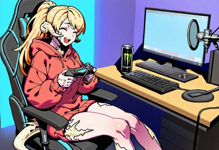 masterpiece, best quality, good quality, 4k, high-res detailed eyes,
1girl, au ra, tail, 
oversized sweater, hood down, long hair, ponytail, energy drink, bare legs, sitting in gaming chair, holding controller, desk, microphone arm, microphone, happy, talking,
(Lhata4564_illu:0.6), (ireading:0.8)