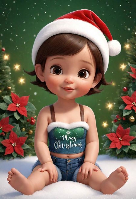 Cute cartoon style baby, latin, tender and sweet. Sitting, dressed in blue jeans and a dark green bustier with short brown hair, brown skin, a Christmas hat with the name "Yapay Kadin" in light colors and sparkles. Christmas themed background, snow, snowflakes, poinsettias, typography, 3d rendering, painting , painting, 3d render, typography, cinematicv0.2