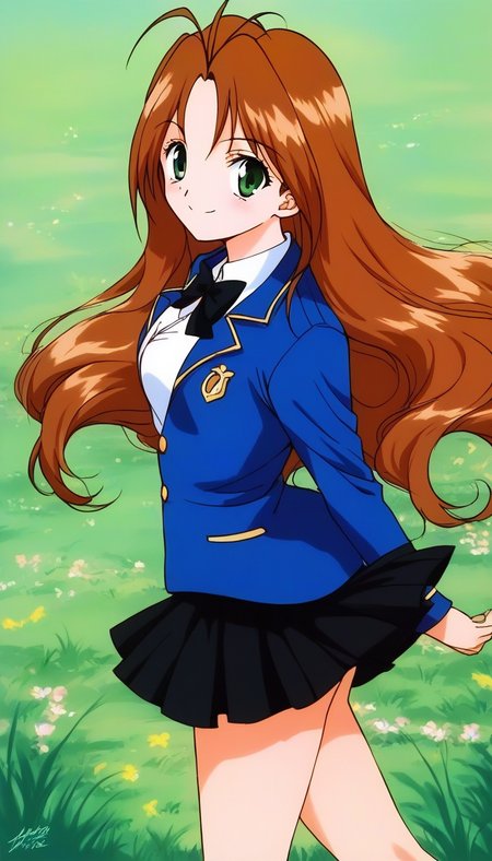 score_9, score_8_up, score_7_up, source_anime, rating_explicit, BREAK <lora:Tanima_Yuri_XL:1>Tanima_Yuri, 1girl, solo, long hair, brown hair, green eyes, antenna hair, breasts, 1990s (style), smile,
smile,looking at viewer, cowboy_Shot,
skirt, mary janes, long sleeves,  black ribbon.
standing, pleated skirt, looking at viewer, black skirt, smile, 
miniskirt, school uniform, bow, blue jacket,  bowtie,
grass, sky, day,