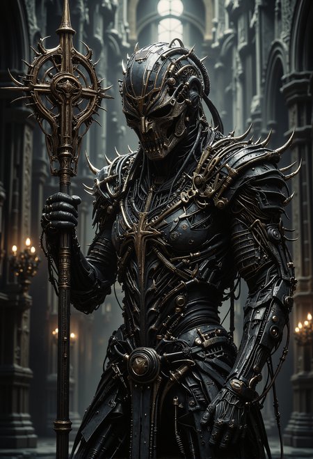 A dark, imposing figure stands in a grand, dimly lit cathedral. This character wears intricate, gothic black armor adorned with gilded crosses and chains, giving a religious yet ominous presence. The helmet is tall, almost bishop-like, with a faceless visor that reflects no light, enhancing the aura of mystery. The figure holds a menacing staff, topped with a spiked, circular cross design, which looks both ceremonial and weaponized. The armor details include ornate engravings and mechanical components, blending medieval design with a futuristic, almost steampunk aesthetic. The atmosphere is solemn, with a faint, ethereal glow from high cathedral windows casting cold light onto the dark figure, emphasizing the contrast between shadow and metallic details. <lora:Magic_of_Art_\(FLUX\).safetensors:1.0>,  <lora:The_Dark_Side_Of_The_Future.safetensors:0.33>,  <lora:Giger_2_0.safetensors:0.3>,  <lora:aiai-Glimra-Flux-Dev-v2.safetensors:0.5>,