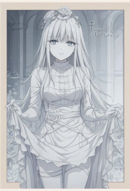 ((white theme:1.75)),((best quality)),((masterpiece)),((ultra-detailed)),(illustration),(detailed light),(an extremely delicate and beautiful),incredibly_absurdres,(glowing),(1girl:1.7),solo,a beautiful girl,(((cowboy shot))),standding,((Hosiery)),((beautiful dress+stocking):1.25),((Belts)),(leg loops),((flower headdress)),((short white hair)),(((beautiful blue eyes))),((english text)),(flower:1.65),(rose),(garden),(((border:1.75))),cozy animation scenes