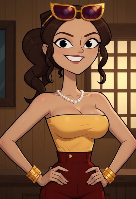 ((room background)),score_9, score_8_up, score_7_up,score_6_up, 
1girl, solo, Riya_DC, light brown skin, black eyes, long hair, dark brown hair, voluminous wavy hair, hairstyle ponytail, gold sunglasses on the head, gold bracelets, white pearl necklace, yellow strapless fitted top, dark red skinny pants, dark brown long boots, big eyes, cute, tall stature, social smile, perfect eyes, perfect smile, looking at the viewer, detailed eyes, perfect eyes, standing, big breasts (front pose, front view, bust shot) five fingers, perfect hands, hands on hips