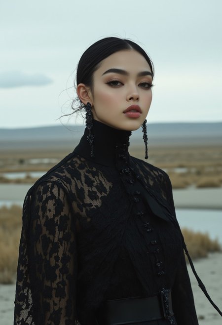 fg ,midjourney, 
Stylized portrait of an East Asian female model standing in a vast, flat, open landscape. The environment is minimal and endless, evoking solitude and quiet strength. The color palette is moody and desaturated — deep blacks, greys, and muted whites with wet, textured surfaces, as if after rain. The model’s outfit features dark, intricate fabric textures, reminiscent of worn lace and vintage embroidery, with dramatic, high-fashion detailing. Her hair is slightly tousled, damp, and windswept. Lighting is cinematic and low-key, casting shadows that add emotional weight. The scene feels intimate yet expansive — a fashion portrait set in a landscape, blending softness with raw natural atmosphere.,