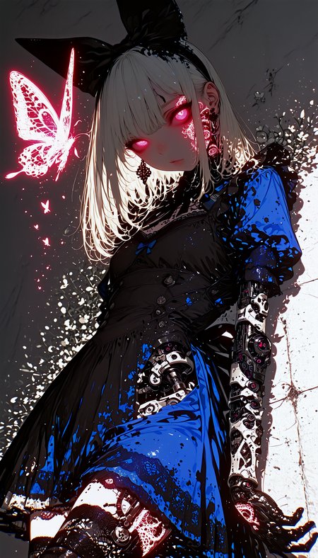 dynamic angle, 1girl, petite, alice in wonderland, apron-dress, frill, big bow on head, (pocket watch on waist:0.7), dynamic pose, looking at viewer, lace trim, over-kneehighs, glowingconcept, glowing_face_tattoo, glowing_eyes, Smo0thL1nes, (mechanical parts:0.9), mechanical joint, mechanical eye, flying glowing butterfly, glowing effects, bioluminescent, white theme, blue tone, purple tone, uncanny, fantasy, science fiction, best quality, amazing quality, very aesthetic, absurdres, newest, high contrast, clear color, beautiful shadow, beautiful light, cinematic light, cinematic shadow, bokeh, glare, (overexposed:1.2), high exposure, washed out colors, (subsurface scattering:1.2),  <lora:Glowing_tattoo_concept:0.7> <lora:iLLMythSmo0thL1nes:0.9>
