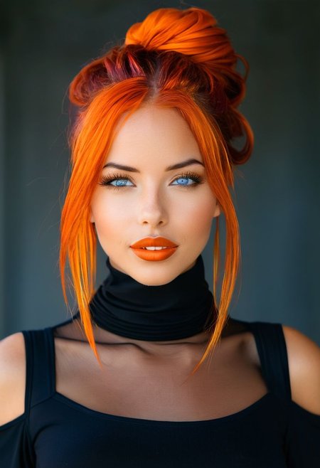 1girl, bellissima, black dress, black hair, blue eyes, blurry background, brown hair, dark skin, dreadlocks, grey eyes, jewelry, lips, long hair, looking at viewer, mole, necklace, open clothes, orange hair, parted lips, realistic, short hair, simple background, solo, teeth, turtleneck, upper body, wavy hair
