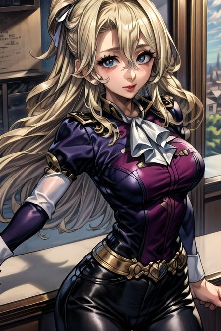 masterpiece, Lily Kokoschka , best quality, best quality, ultra-detailed, highres,sharp focus,(ultra detailed,extremely detailed), 1girl,(masterpiece, best quality), LilyKOKOSCHKA, 1girl, solo, long hair, blonde hair, hair between eyes, uniform, ascot, wavy hair, eyes visible through hair, white ascot, riding pants, hungry clicker, Pointing, Commanding