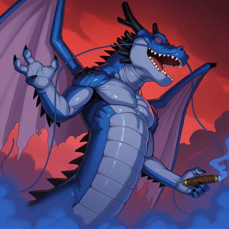 Blacksmoke, solo, 2d, male, eastern dragon, wings, blue body, blue skin, blue scales, scalie, whiskers, barbel, red eyes, two tone skin, no pupils, black horns, sharp teeth, black claws, wings, black spikes, arm spikes

BREAK open mouth smile, holding cigar, smoke, red sky, blue smoke, flying, best quality, amazing quality, very aesthetic, absurdres, newest