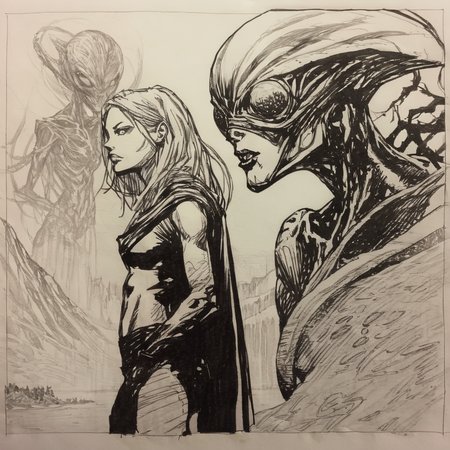 drawix17 girl and alien, black ink<lora:drawix17:1>