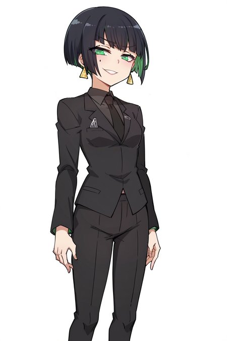 score_9, score_8_up, score_7_up, score_6_up, score_5_up, score_4_up, BREAK source_anime,anime screencap,rating_explicit,1girl,solo,anime screencap,smile,
edgAllmind,blunt bangs,two tone hair,earrings,black suit,necktie,
 <lora:edgAllMindPony:1>