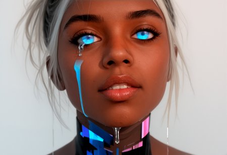 masterpiece, best quality, newest, absurdres, highres, female, iridescent hair, surreal liquid distortion, fluid-like strands flowing over face, glowing tears, abstract glitch, soft focus, blurred vision, cyberpunk elements, with the theme "dreams in liquid glitch", ethereal, hauntingly beautiful, soft light, distorted colors, delicate but intense emotion, chaotic tranquility, 69yotte4_illu, ilya kuvshinov, eye focus, close-up, detailed eyes, photorealism, photography \(artwork\), skin pores, peach fuzz, dark-skinned female, ta-illu, bamf-illu,  <lora:Beautiful_Mahogany_Style_Illu_Edition:0.85> <lora:Tomomi_Abe_Style_V1_Illu_Edition:0.77> <lora:69yottea_illu_v2:0.85>