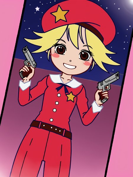 1girl, smile, source_cartoon, piuvictoria, <lora:Victoria (Pump It Up):0.8>, blush, blonde hair, brown eyes, red hat, star ornament, holding gun, aiming at viewer