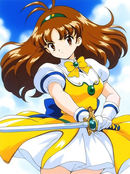 score_9, score_8_up, score_7_up, source_anime, rating_explicit, BREAK  <lora:Tsurugino_Mai_XL:1> Tsurugino_Mai, 1girl, solo, brown hair, weapon, gloves, sword, long hair, holding, 
1990s (style), brown eyes, bow, yellow bow, holding weapon, holding sword, magical girl, 
hairband, skirt, short sleeves, white gloves, Yellow armor, dress, white skirt,
looking at viewer, antenna hair, puffy sleeves, bangs, puffy short sleeves