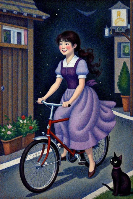 geoseu1 pointillist painting.
A Japanese school girl riding a old style bicycle through a narrow, quiet street at night. The happy woman wears a simple, flowing purple dress. In the corner, a small black cat with piercing eyes sits watching her quietly. The mood is tranquil and slightly magical.  <lora:geoseu1_cap_d6a3e12:1.0><lora:821053221628974857:0>