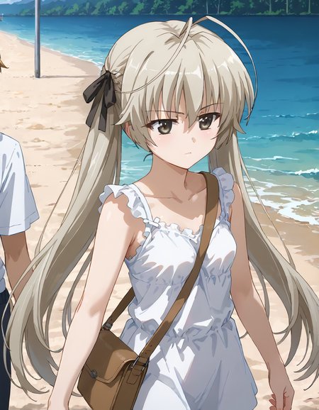 score_9, score_8_up, score_7_up, source_anime, <lora:add-detail-xl:1>, good anatomy, masterpiece, amazing quality, ultra detailed, good hand
BREAK 1girl, casual, walking, <lora:pai-sura:0.7> pai-sura, breasts emphasis, slant bag, bag strap passing between breasts,
BREAK <lora:Sora_Kasugano_-_Yosuga_no_Sora:0.9> sora kasugano, blond long hair, ribbon, hair ribbon, antenna hair, small breasts,