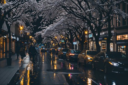 a photo of a city street in rain at night, skyscrapers, puddles, cyclist, passing cars, asphalt road, sakura blossom trees, falling leaves, high quality, high resolution, very coherent, clear focus, well defined,