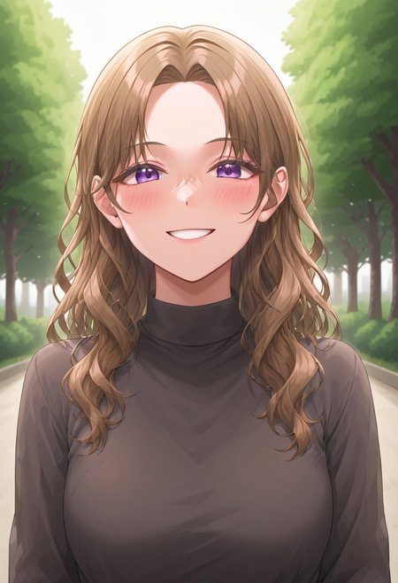 by yohan, ((ultra-detailed)), ((illustration)),ultra detailed anime artwork, Appearance: The girl has long, wavy hair that appears to be dark brown or black. Her hair is styled loosely, with some strands falling naturally around her face. Facial Features: She has a soft, youthful face with delicate features. Her eyes are large and expressive, possibly dark in color. She has a gentle smile on her lips, giving her an approachable and friendly demeanor. Clothing: The girl is wearing a simple outfit that may include a light-colored top, though the exact details of her clothing are not entirely clear from the image. Background: The background of the image is blurred, focusing attention on the girl. The setting appears to be outdoors, possibly in a natural or urban environment with greenery or other natural elements visible. Posture and Expression: She is facing the camera, with a relaxed posture and a slight tilt of her head. Her expression is calm and serene, adding to the overall pleasant atmosphere of the image. Artistic Elements: Color Scheme: The image has a soft and natural color palette, with warm tones that complement the girl's features and the background. Lighting: The lighting in the image is soft and natural, possibly suggesting that the photo was taken during the golden hour (shortly after sunrise or before sunset). This lighting enhances the girl's complexion and adds a warm glow to the overall scene.