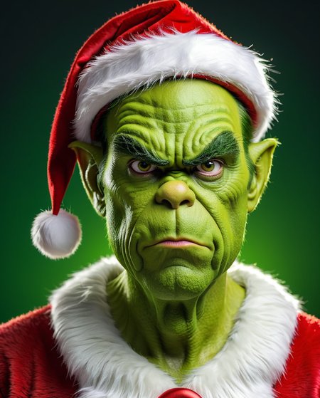 realistic photo of a male grinch, green skin, big eyes, Santa Claus hat, looking grumpy, pointed ears, perfect face, shallow depth of field, photography, high detailed, 64k,  <lora:add_detail:1>