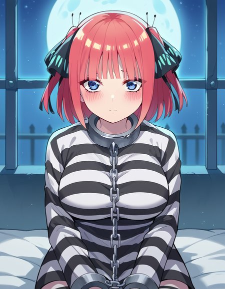 score_9, score_8_up, score_7_up, source_anime, <lora:nnakano-s2-ponyxl-lora-nochekaiser:1>, short hair, bangs, blue eyes, hair ornament, hair ribbon, pink hair, blunt bangs, two side up, butterfly hair ornament, large breasts,, <lora:prison-clothes-ponyxl-lora-nochekaiser:1> prison clothes, prisoner, prison cell, prison, striped shirt, shackles, handcuffs, chain,, sitting, on bed, looking at viewer, blush, night, moon, moonlight, night sky, window, three quarter view, cowboy shot,