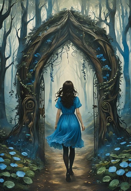 (water-colored), illustration, style of Jessica Galbreth,
(far view, far shot, rear view, facing away:1.3),
(Alice, woman walking, very long dark brown hair,  hair rim lighting, hair in the wind, blue short maid dress with short sleeves, black tights, black shoes:1.5), 
fog, dreamy, dream,
(fantasy forest, spiral gate, plants:2.2)