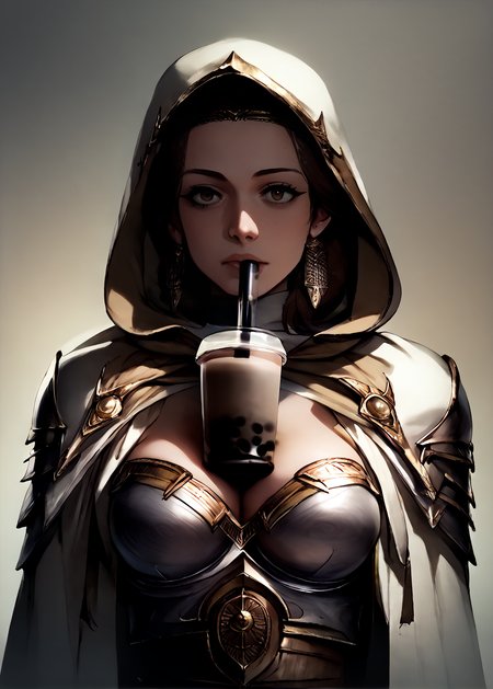 <lora:ELSPETH:1> elspeth, armor, 1girl, solo, weapon, brown hair, jewelry, breastplate, cape bubble tea challenge, firm breasts,, large breasts, girl in a hoodie,  bubble tea cup on breasts, hoodie  <lora:bubble_tea_challenge:1> <lora:RD-MAnon-XLV1.1:1> female, source_anime, score_9_up,  score_7_up, score_8_up