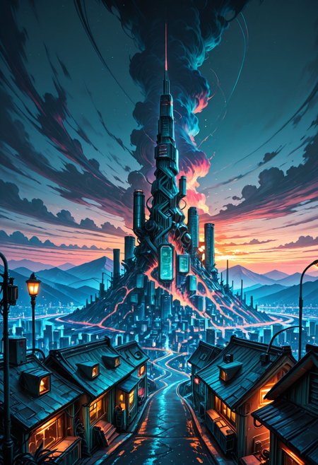 SmoothNoob_Quality,  science fiction, no humans, HDR, cyberpunk, mountainous horizon, neon lights, cityscape, skyscrapers, landscape, twilight, very intricate, scenery, very detailed, sharp, bright, colorful, industrial, houses, tall buildings, pollution, street, lamppost,​​​