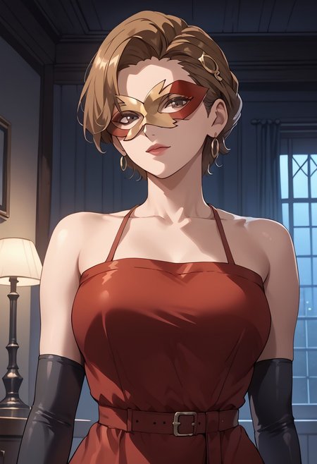 score_9, score_8_up, score_7_up,at room, indoor, moonlight,night view,richlady, short hair, brown hair, mask,ear accessory, black gloves, bracelet, ear accessory, mature female,red leather one-piece dress, upper body, front view
