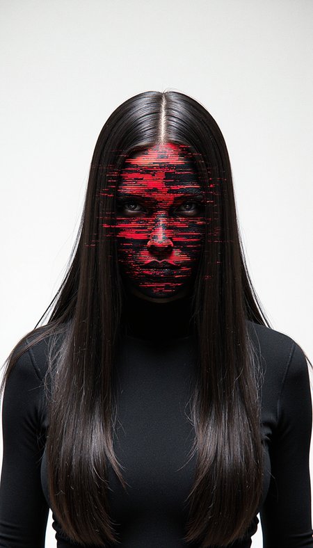 A photorealistic image featuring a mysterious figure with long, dark hair concealing the face, against a pure white background. The subject's hair is a glossy, obsidian black, falling in smooth, straight strands that completely obscure any facial features. A dramatic digital glitch effect, rendered with vivid red and deep black lines and patterns, is superimposed over the face, giving the impression of data corruption or a visual error. The lighting is bright and even, casting soft shadows and highlighting the sleek texture of the hair and the sharp edges of the glitch. The background is a seamless white expanse, emphasizing the figure and the glitch effect. The shot is a close-up, frontal perspective, focusing on the upper body and capturing the intricate details of the digital distortion. The texture is hyper-realistic, with a focus on the smoothness of the hair and the jagged edges of the glitch. The composition is symmetrical, creating a sense of balance and order, while the glitch effect adds a layer of chaos and intrigue. The overall mood is modern and enigmatic, blending realistic textures with a striking digital intervention.
