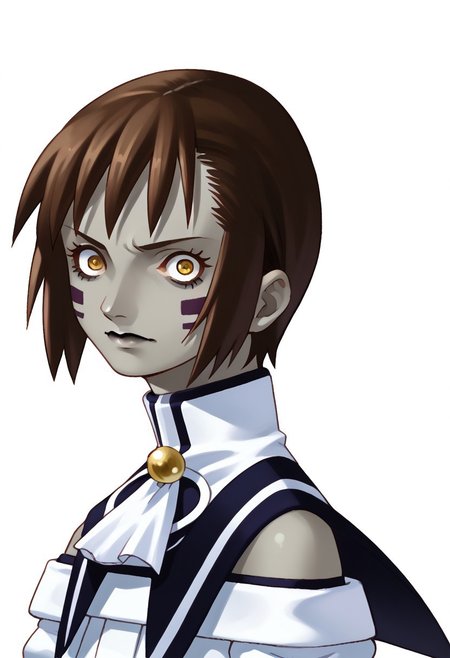 score_8, score_8_up, score_7_up, source_anime, BREAK kanekostyle, lipstick, eye shadow, eyelashes, 1girl, female focus, solo, Natsumi_SN1, Facial Mark, gray skin, constricted pupils, yellow eyes, brown hair, short hair, bangs, sidelocks, short hair with long locks, capelet, neck bell, ascot, off-shoulder shirt, bare shoulders, juliet sleeves, long sleeves,  sleeve cuffs, circle skirt, fold-over boots, thigh boots, zettai ryouiki, simple background, white background