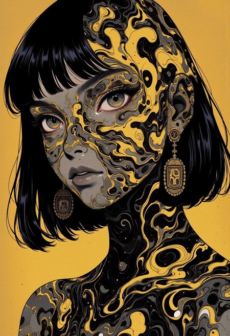Units, black and gold, motiffs, graffiti art on face, mesmerizing, retro to the max, snake eyes, chrome finish polish