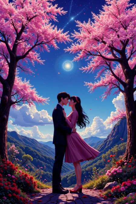 a romantic kiss under the cherry blossoms beautiful  landscape, bright luminous night, woman, very intricate, very detailed, sharp, bright, colorful, <lora:Hand v2:0.5> <lora:Anti-Blur:1><lora:Insane Detail Slider:0.25>  <lora:flux.1_lora_flyway_Epic-detail_v2:0.3> <lora:fluxenhancer:0.25> <lora:90s-anime:1> retro anime, 77oussam 90s, studio ghibli style, 1990s anime