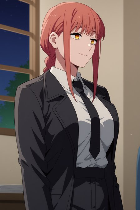 score_9, score_8_up, score_7_up, score_6_up, score_5_up, score_4_up, source_anime,anime screencap BREAK anime coloring,mature,makima,1girl,braided ponytail,solo,black necktie,collard shirt,shirt,white shirt,black suit,light smile,ringed eyes,indoors,office,night time,night, consistent background, <lora:Makima - PDXL.safetensors:0.8>