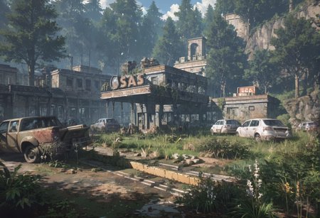 ,ruanyi0763,outdoors,tree,building,ruins,gas station,crowd,<lora:0763 post apocalypse_v1_pony:1>, score_9,score_8_up,score_7_up,,8k,1girl,solo,