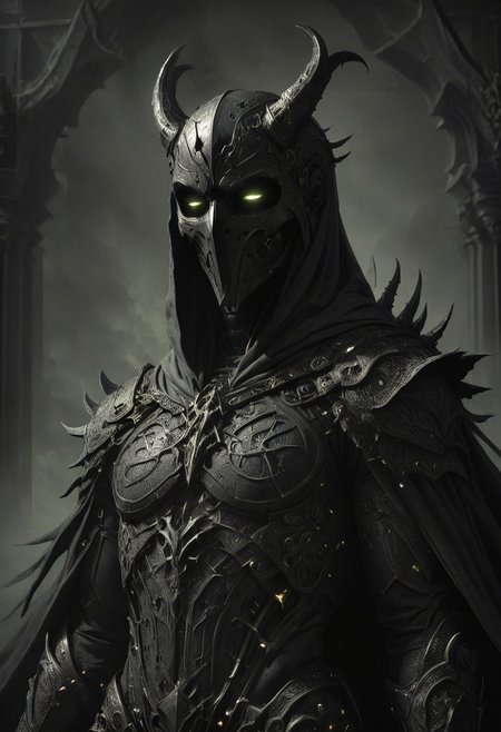 chiaroscuro, dark, a lone reaper of night, black serpents create a cloak of darkness, detailed intricate black gothic armor adorns his body, a hood obscures his face and eyes in black, deep shadows accompany him like phantoms, glowing runes, horns, low-key, nuclearhazard