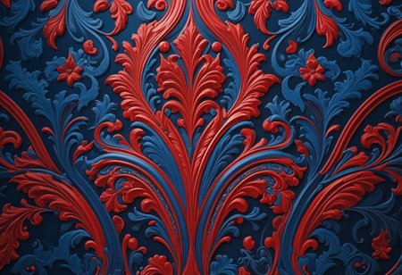 photo of a paisley pattern, official art, aesthetic, dynamic angle, hyper detailed, order and chaos, dark colors, (extremely detailed, intricate details, masterpiece, best quality, 8k wallpaper:1.4), dramatic lighting, (dark blue and madder red palette:1.2), boteh, paisley, navy blue, madder red, almond