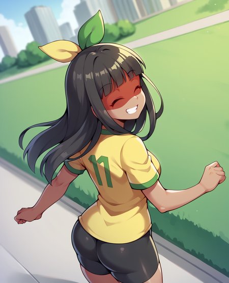 score_7_up, 1girl kuruminha, brazil soccer team yellow jersey, short sleeves, long hair,  outdoors, looking back, bike shorts, grin, closed eyes, walking, dutch angle, foreshortening, hair ornament, from above, cityscape, blurry background, solo, park, curvy, happy, upper body
<lora:kuruminha-step00002400:0.8>