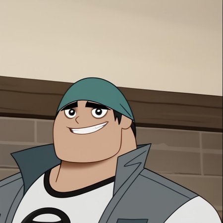 score_9, score_8_up, score_7_up BREAK BiffyD, 1boy, short black hair, black eyes, dark green brimless cap, open sleeveless gray jacket, short-sleeved white shirt with black accents, face view, face closeup, male, male focus, solo focus, alone, screenshot, official art, parody, cartoon footage, official design, screencap, cartoon screenshot, official screenshot, 2d, cartoon, source_cartoon, happy, smiling at viewer,