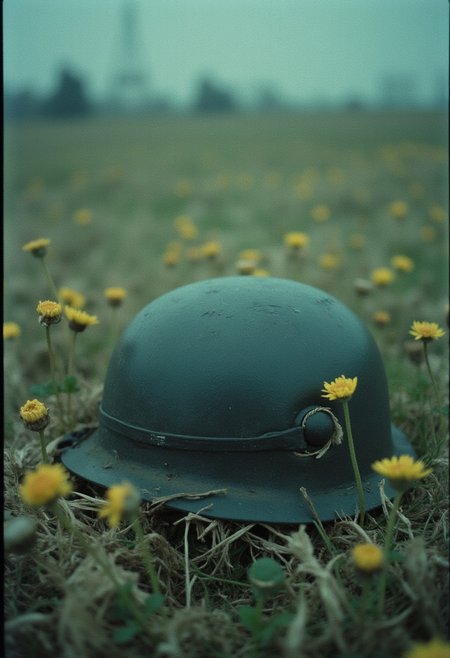 "An artsy still of a soldier’s helmet abandoned in a field of wilted flowers, shot on expired film, dreamy cyan and magenta tones bleeding together, a faint tank tread mark cutting through, candid and unrefined." cinematic_1940s cinematic_octane