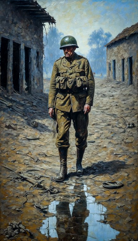 Soldiers abandoned in a hell of mud and iron., (Nostalgic,wistful,sentimental,reminiscent:0.99),(Leading Lines,guide,direction,focus,Cracked,aged,weathered,antique,Dappled Light,patchy,scattered,through objects:0.75),(Crocheting,yarn,hook,interlocking loops:0.99), (surrealism:1.1), (disturbing:1.1), painting, oil on canvas