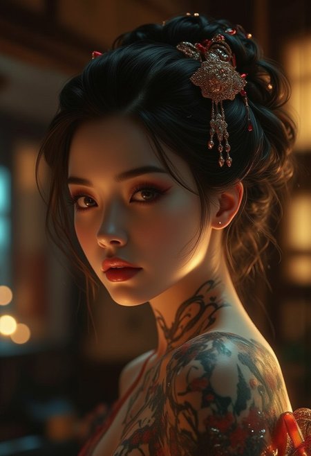 Create an over the shoulder portrait of a beautiful, Japanese woman, exposing her bare neck and shoulders, emphasizing the details of her skin, ornate hairpins, and intricate tattoos. She gazes directly at the viewer with an intense, alluring and sensual expression. Her flawless pale skin contrasts with the vibrant colors of her traditional Japanese tattoos, visible on her neck and shoulders. Her hair is elegantly pulled up, adorned with exquisite hairpins and jewelry that catch the soft, atmospheric light.
The portrait captures the sensuality reminiscent of artists like Luis Royo, focusing on delicate features and emotional depth. Kabuki makeup enhances her features: a white complexion, deep red lips, and subtly defined eyes that convey mystery and allure. The background is a softly blurred interior of a traditional Japanese setting, with warm, muted colors that complement her appearance and enhance the intimate mood.
The overall composition is highly detailed and realistic, with intricate textures and rich colors. Soft, dramatic lighting highlights the contours of her face and the intricate designs of her hairpins and tattoos. The mood blends serenity with subtle intensity, capturing beauty in an evocative and atmospheric portrait, (((ultra-realistic style))), realistic soft lighting, dark, eye-catching, atmospheric lighting, natural, shallow depth of field, (highlights: 0.8), high detail (dynamic, sincere, cinematic shot, film grain, bokeh, depth of field,