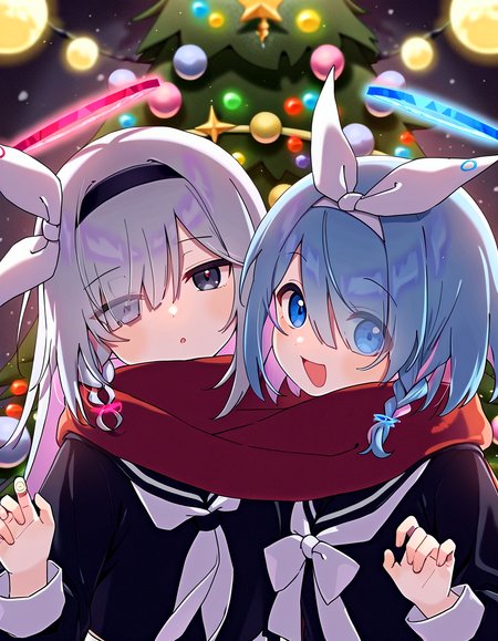 2girls, upper body, plana_(blue_archive), arona_(blue_archive), looking at viewer, christmas tree, fingernails, :d, :o, one eye closed, bokeh, star \(sky\), light particles, snowing, snow, red scarf, lens flare, konya karasue, namori, mimihachi, sharp_to_sharp, very awa