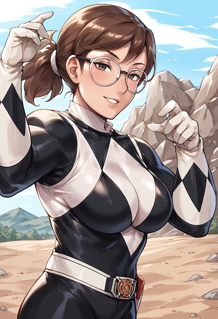 score_9, score_8_up, 1girl, masterpiece, beautiful
Davidsm, glasses, brown hair, tied pigtail, smile, seductive look,
, black power ranger, black bodysuit, white gloves, big breasts, looking at viewer, rock quarry, dynamic pose, cowboy shot, dragonshield, helmet on the ground,